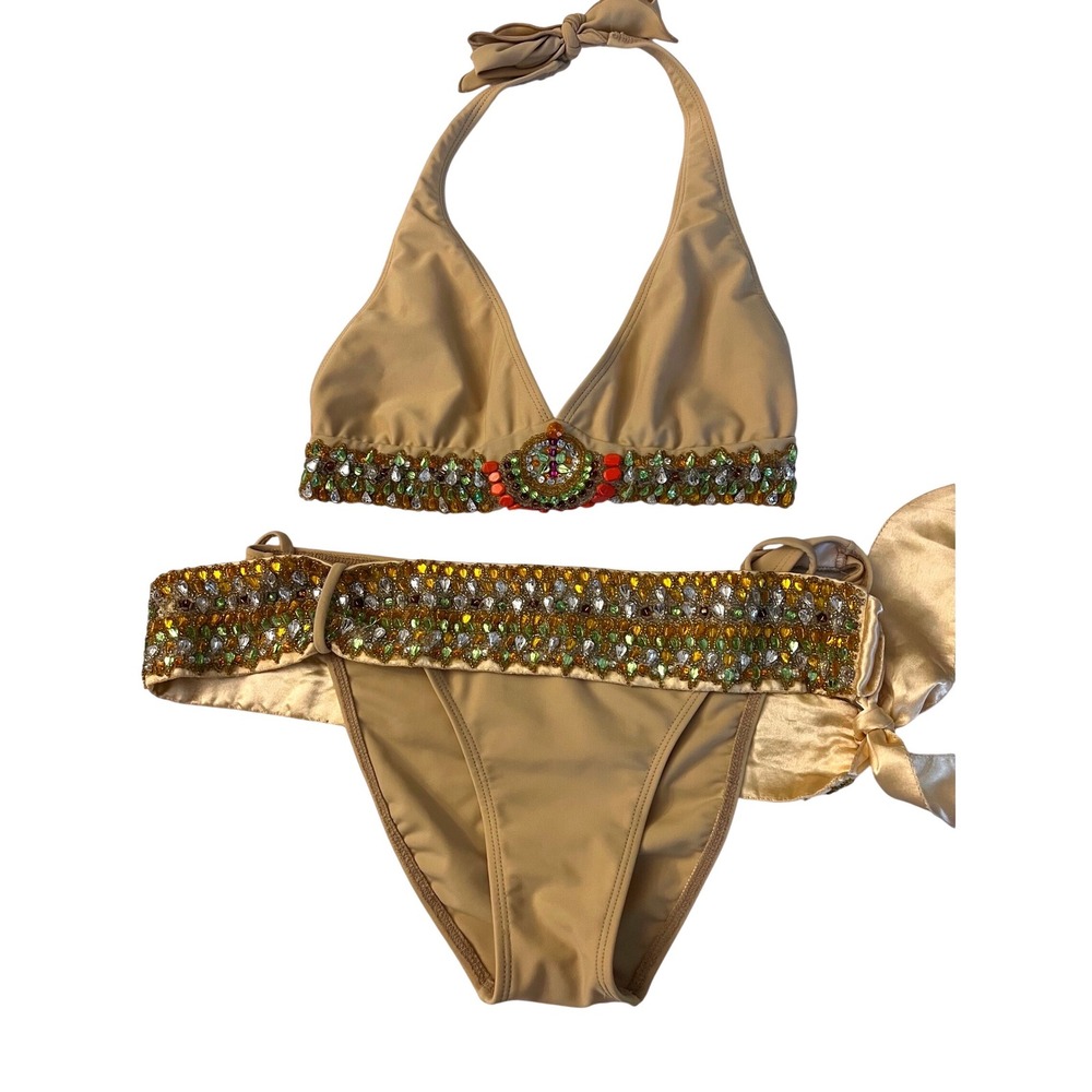 Inca Italy Bikini Set Large Y2K Beaded Crystal Embellished Tan Halter 3 Piece